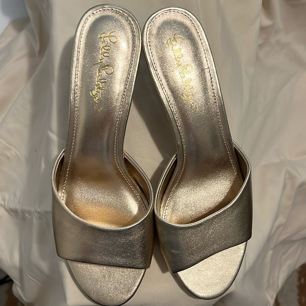 Gold kitten heels slides